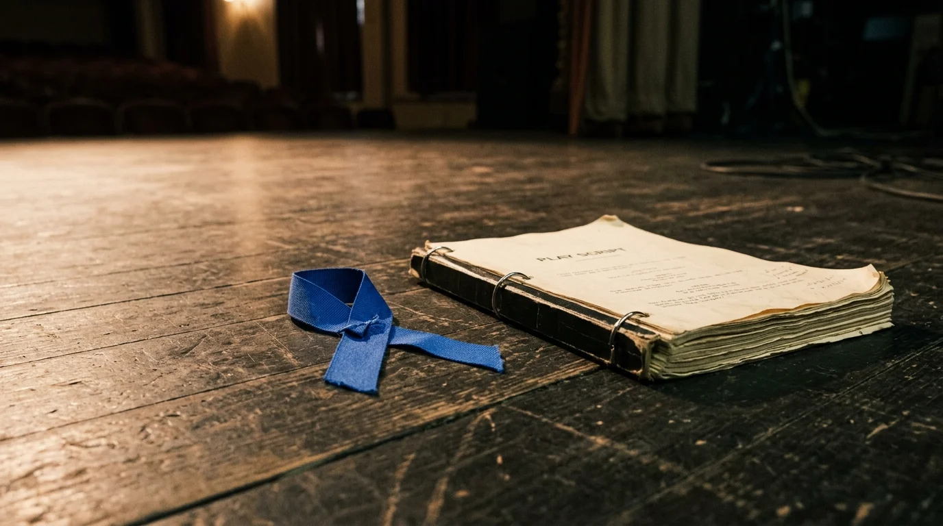 A blue awareness ribbon and a script on a stage floor.