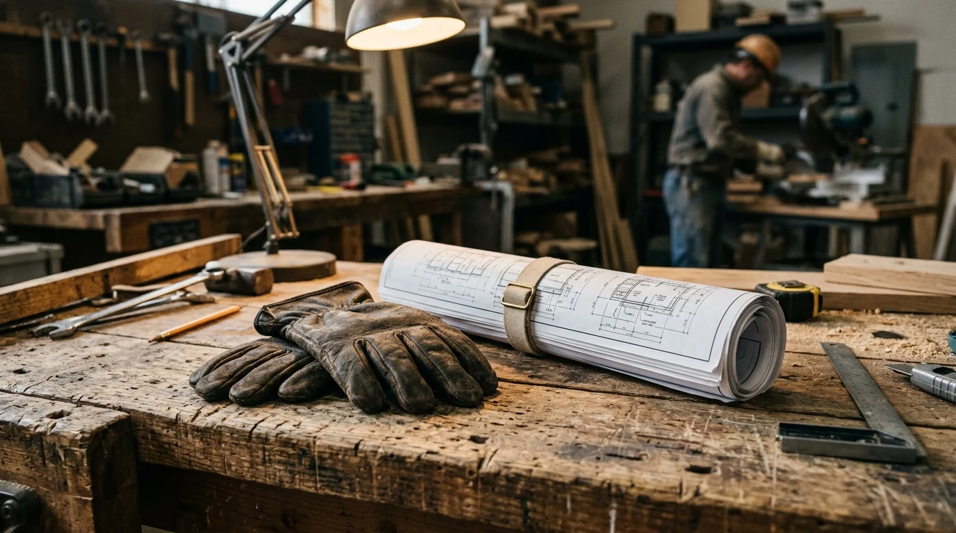 Conceptual image of construction gloves and blueprints on a table.