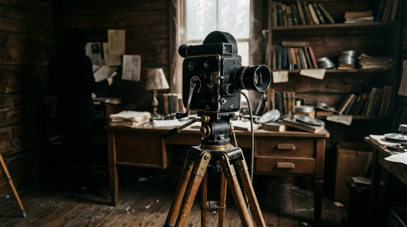 Alfonso Cuarón’s Cult Thriller Ascension Casts Amanda Plummer and T’Nia Miller 1 A vintage film camera on a tripod in a dark, dusty room.