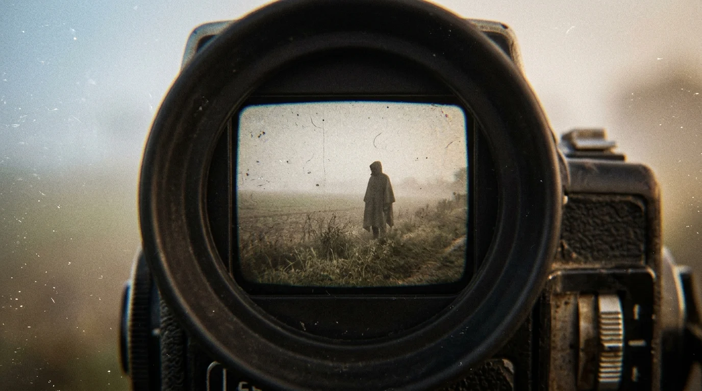 A grainy image of a figure through a camera viewfinder