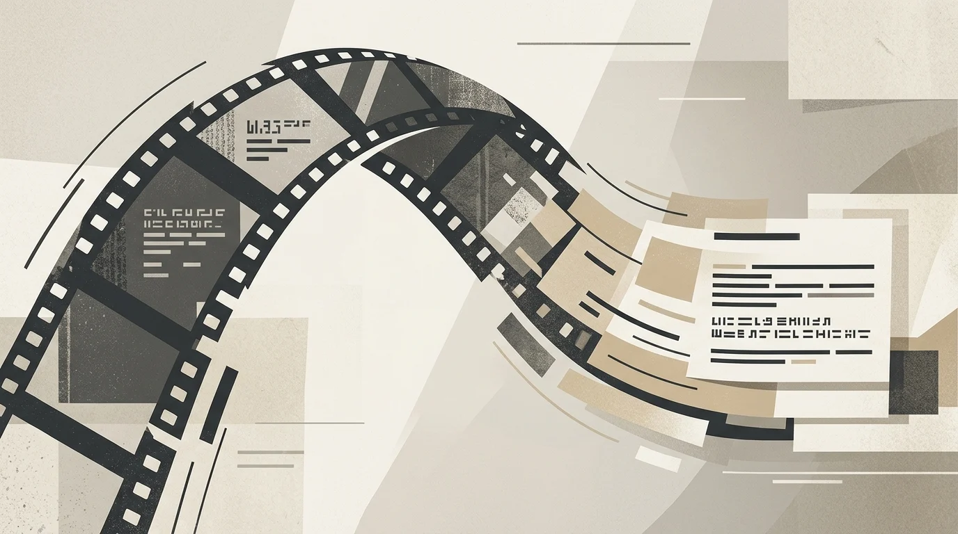 Abstract visualization of film transitioning into legal documents.