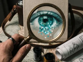 A conceptual image of a magnifying glass over a digital eye representing reality and artifice.