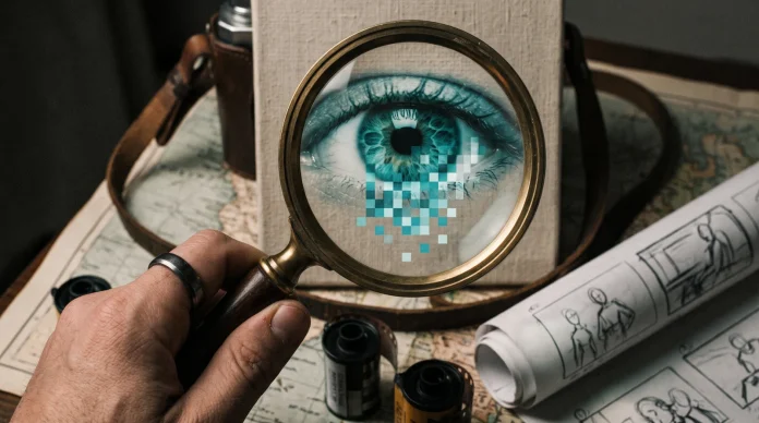 documentary-truth-concept A conceptual image of a magnifying glass over a digital eye representing reality and artifice.