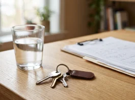 Conceptual image of home keys and medical items representing a change in living arrangements due to health.