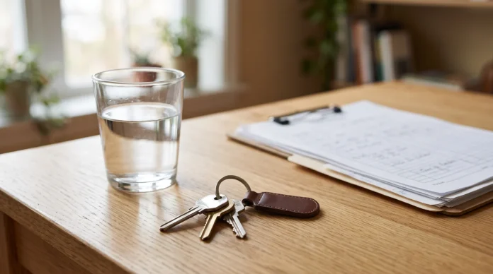 Conceptual image of home keys and medical items representing a change in living arrangements due to health.