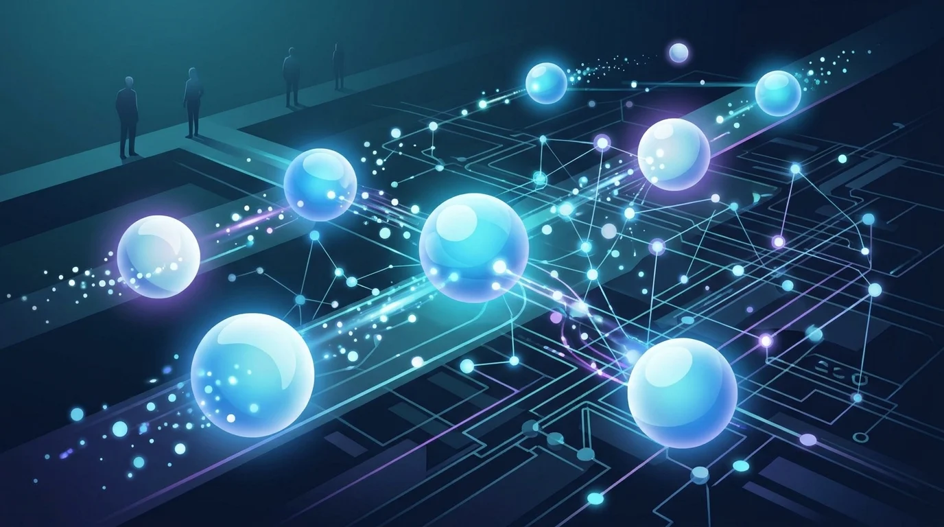 Abstract visualization of background AI processes and digital assistants.