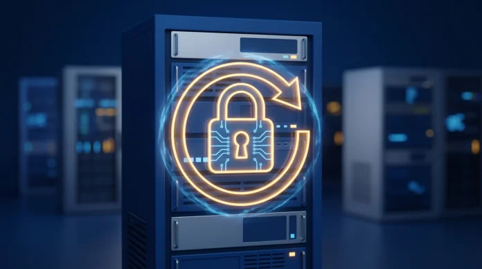 Conceptual illustration of a digital security lock and a reset symbol over server equipment.