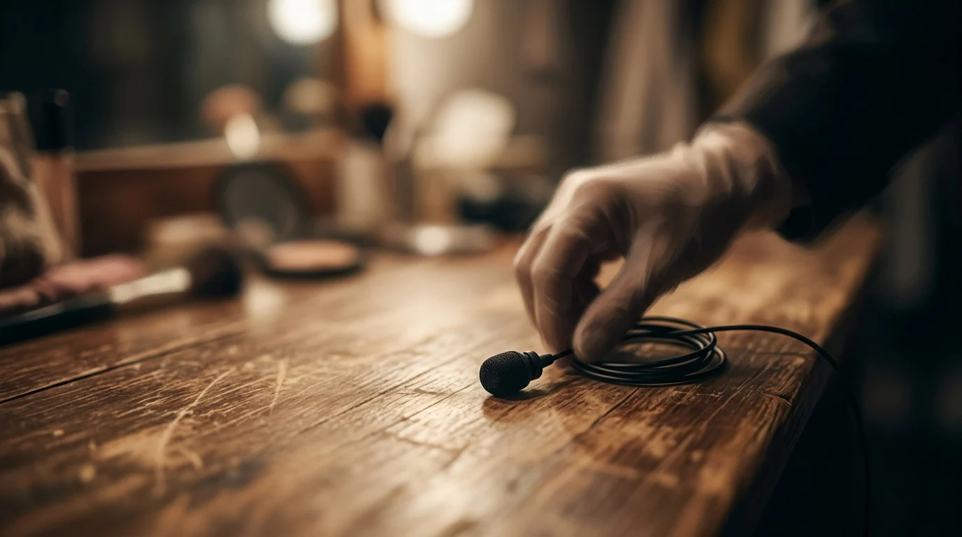 An abstract shot of a broadcast microphone on a table.