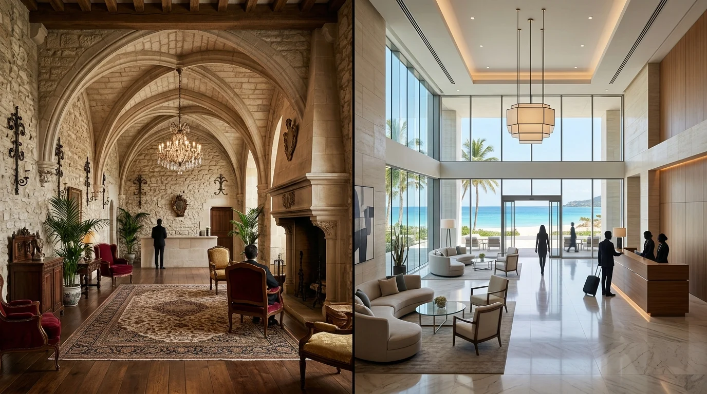 Conceptual art representing two different luxury hotel properties in France.
