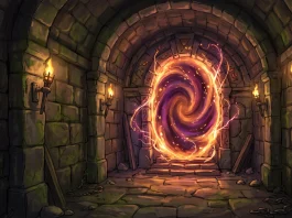 A conceptual illustration of a dungeon corridor with a glowing magical portal.