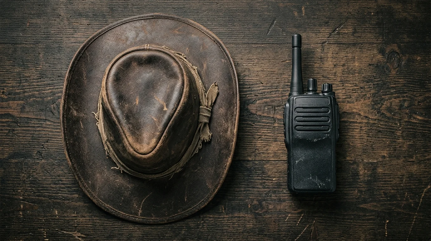 A cowboy hat and a tactical law enforcement radio side by side on a table.