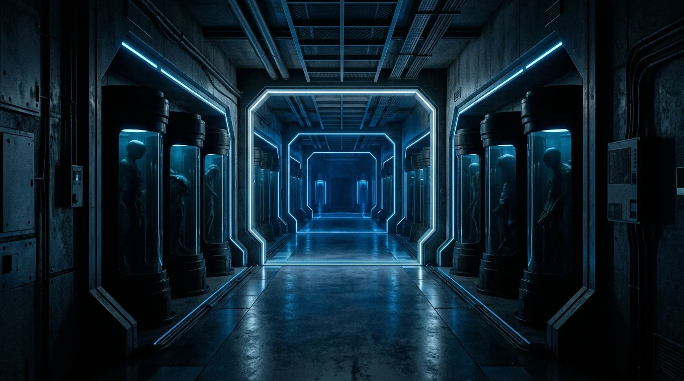 A dark, clinical futuristic laboratory with blue lighting.