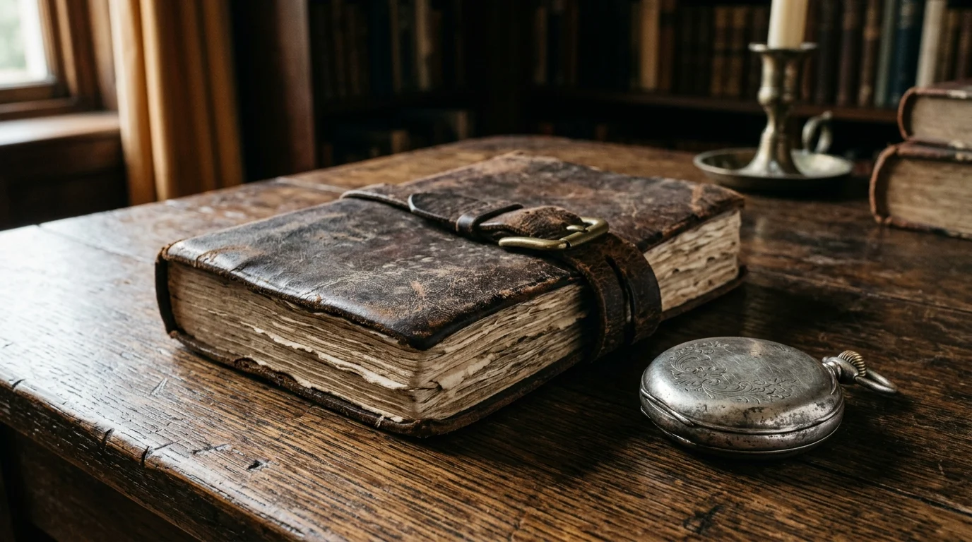 Florence Pugh Explains Why Netflix’s East of Eden Centers on Cathy Ames 2 Historical artifacts including a journal and pocket watch on a rustic table.