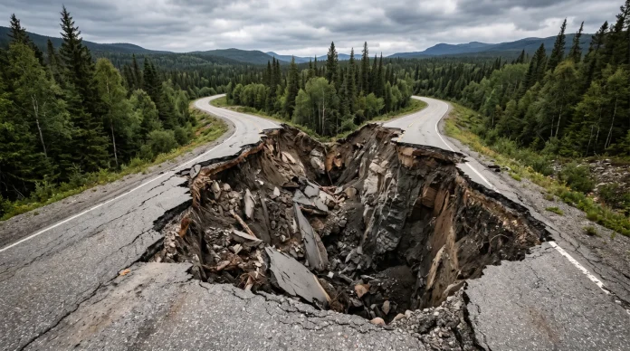 edgewater-sinkhole-concept A massive fissure splits a road in a wooded area.