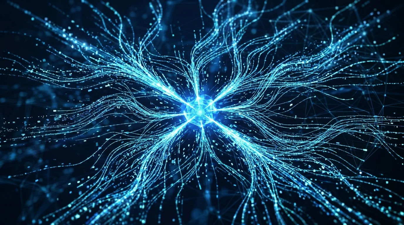 Abstract digital data nodes and branching lines representing network traffic.