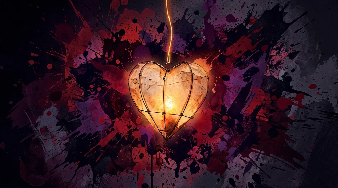 A glowing heart lantern against a dark, splattered background.