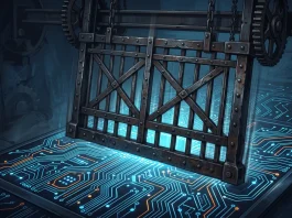 Conceptual image of a digital gate closing over circuit patterns representing a dark web shutdown.