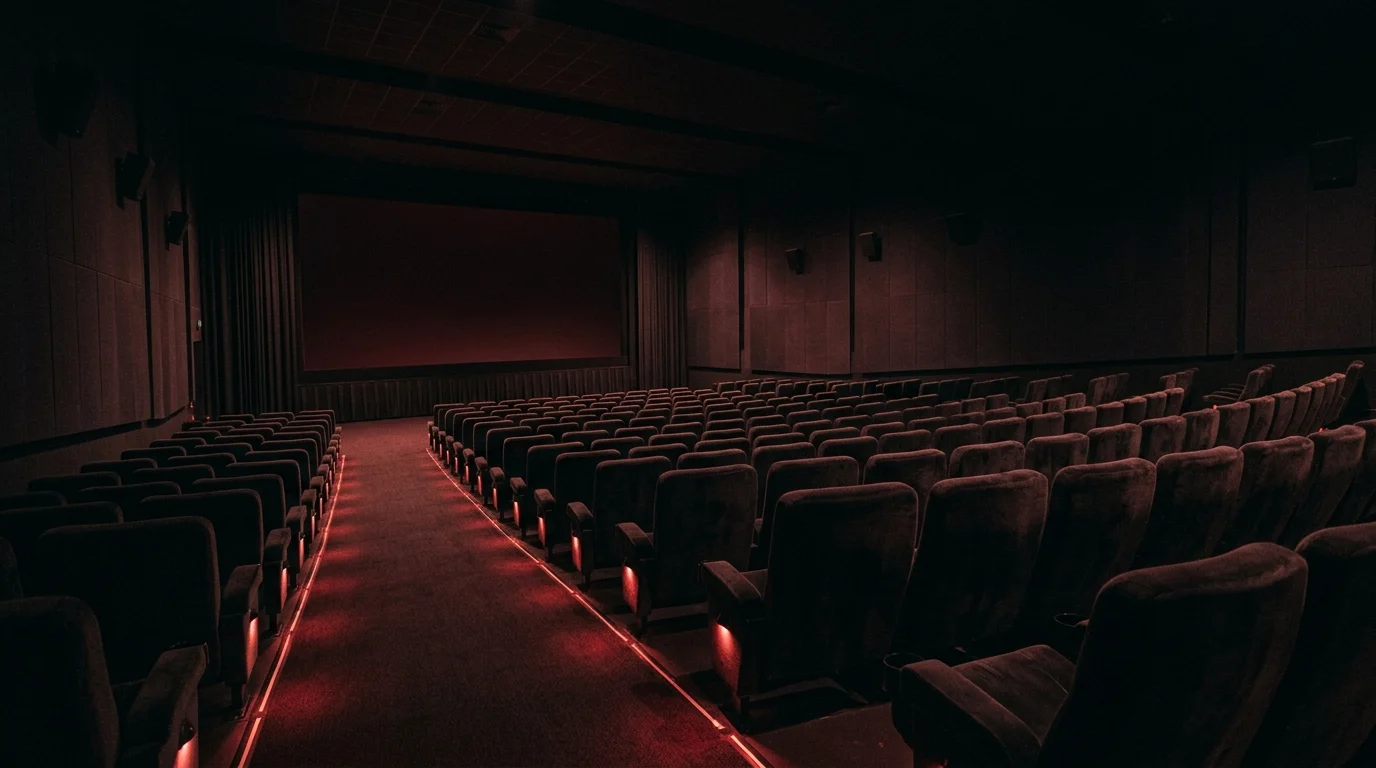 An empty cinema hall with rows of seats under dim red lighting.