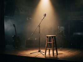A microphone stand and a stool illuminated by a spotlight on a dark stage.