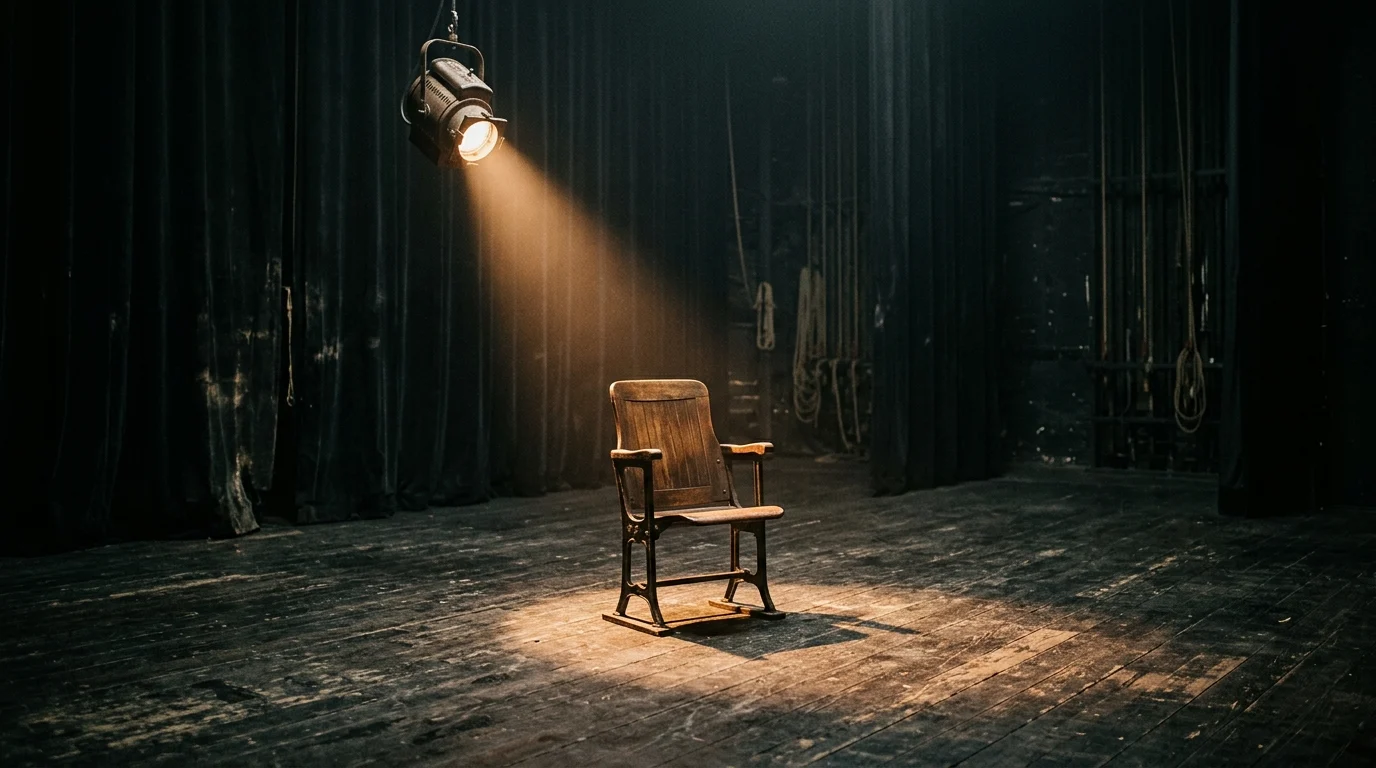 A lone spotlight on an empty stage chair.