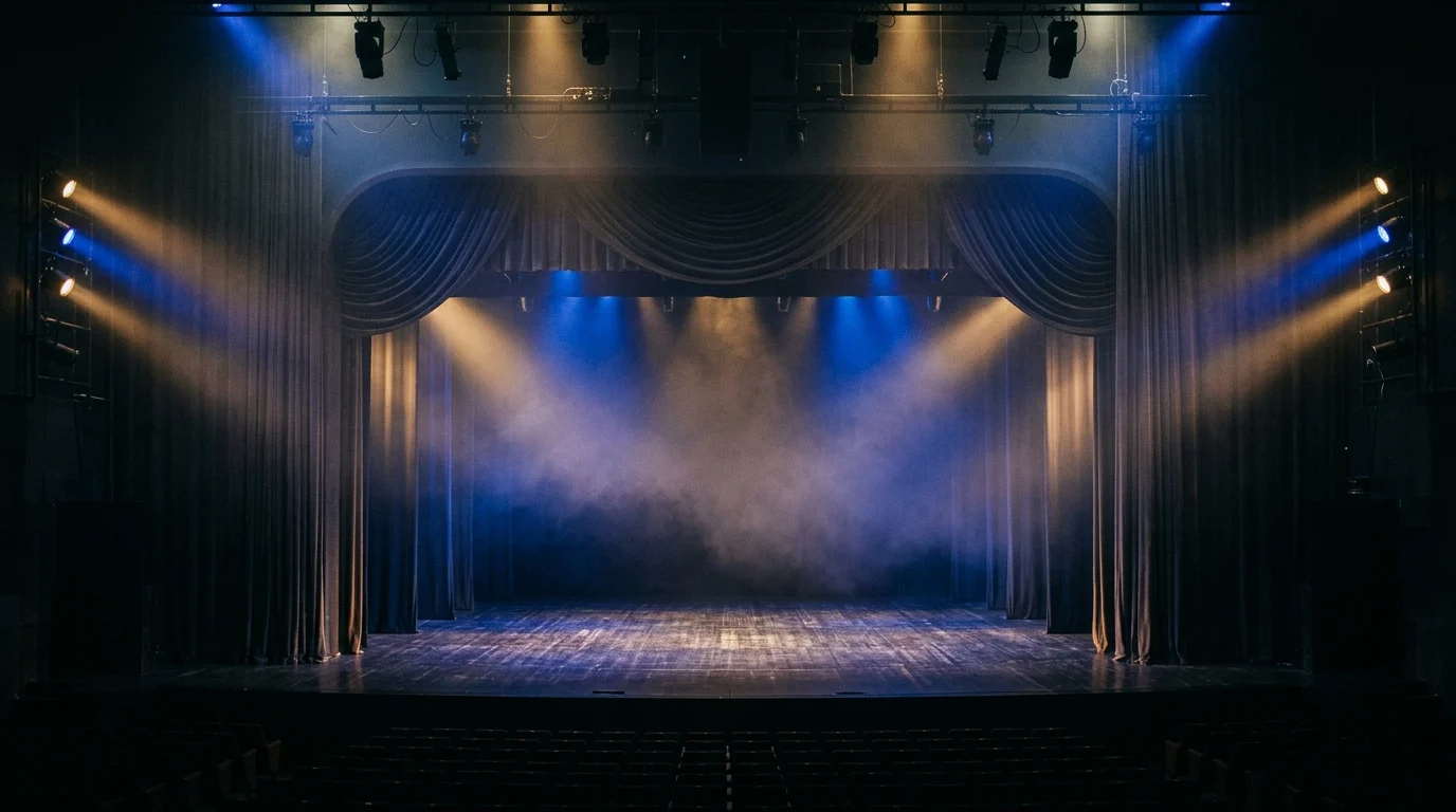 An empty theater stage with dramatic lighting.