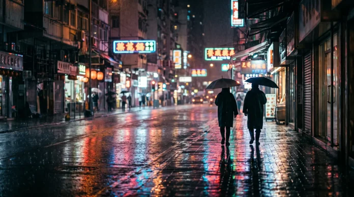 An atmospheric night scene in an Asian city with neon lights reflecting on the pavement.