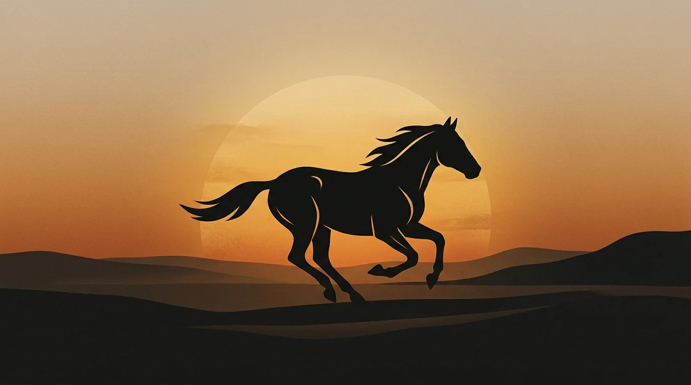 A minimalist illustration of a horse silhouette at sunset.