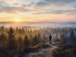 A peaceful abstract sunset over a forest landscape.