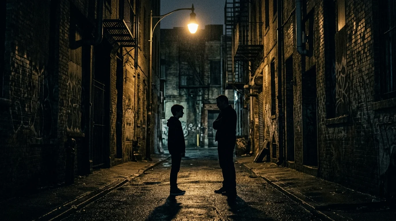 The Lowdown Season 2: Ethan Hawke and Tommy Lee Jones Tackle Tulsa Conspiracy 2 Two silhouetted men standing in a dark alleyway under a lamp.