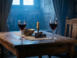 A moody conceptual image of two wine glasses on an antique table.