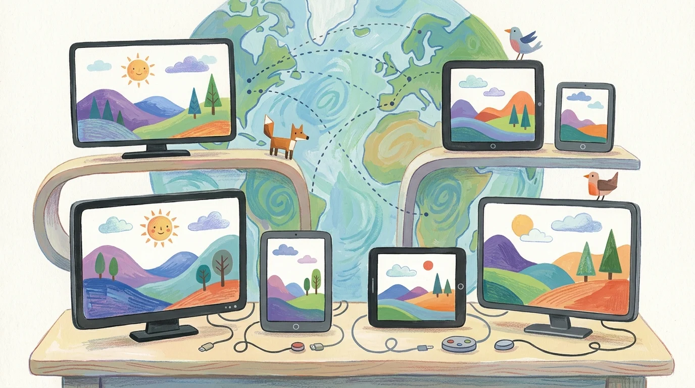 Digital screens showing abstract storybook landscapes.
