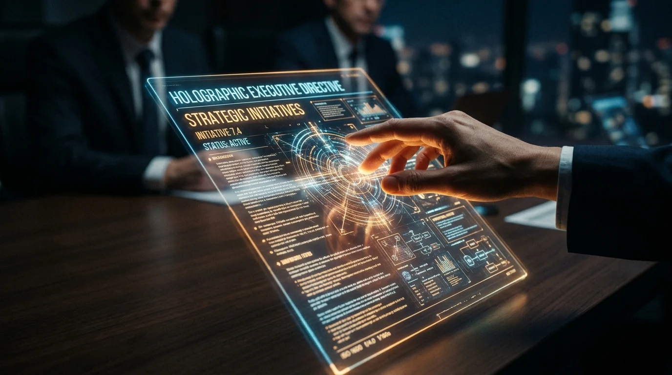 Holographic document displaying official government directives in a high-tech setting.