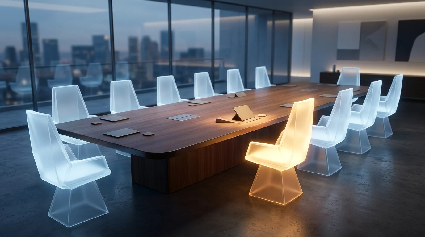 Abstract representation of executive leadership changes in a boardroom setting.