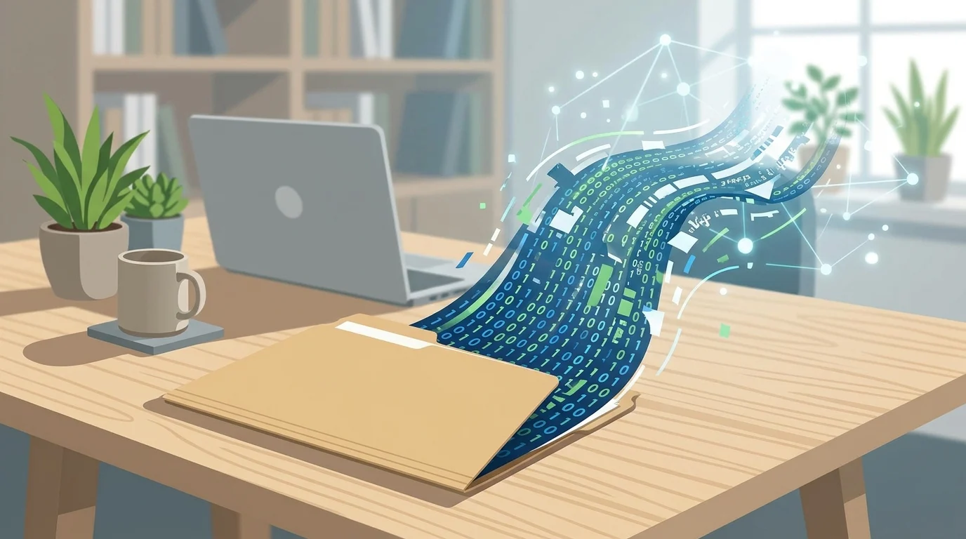 Digital data flowing out of a physical manila folder.