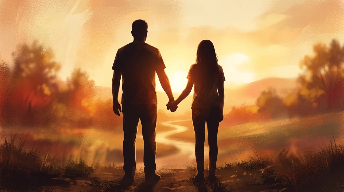 Abstract representation of two people holding hands in silhouette.