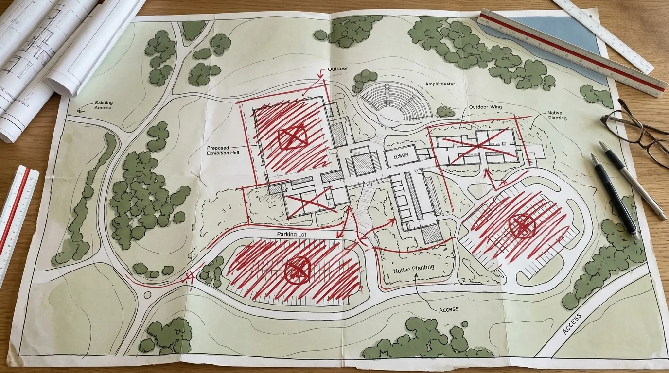 Overhead conceptual map showing farm building blueprints with red markings.