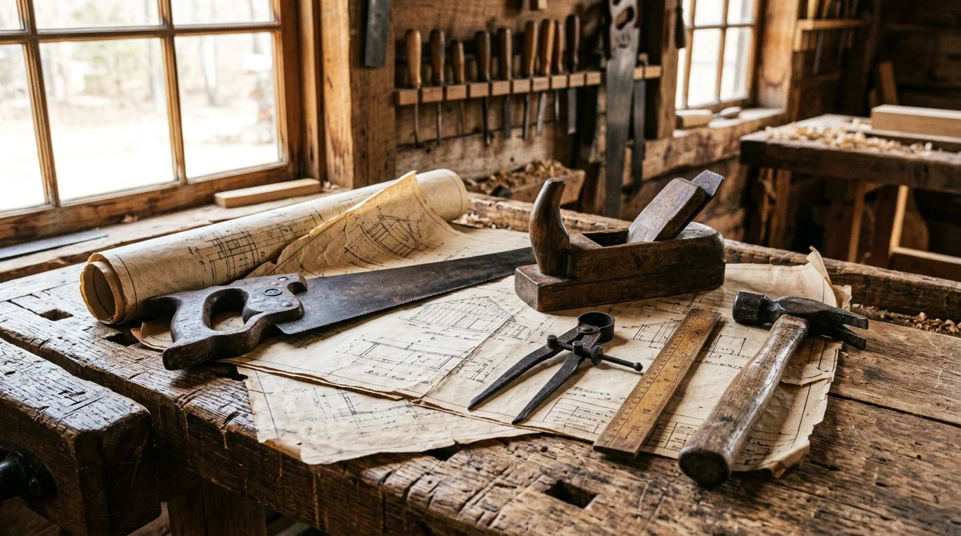 Close-up of blueprints and tools on a wooden workbench.