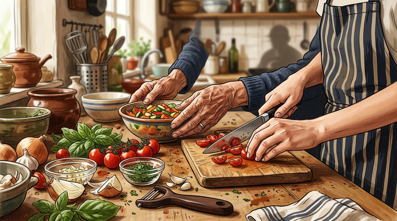 Hands of two chefs working together in a kitchen.