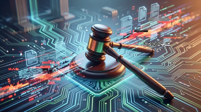 Conceptual image of a gavel on a digital circuit board representing a court system cybersecurity incident.