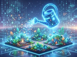 Conceptual illustration of a digital watering can over a garden representing community help.
