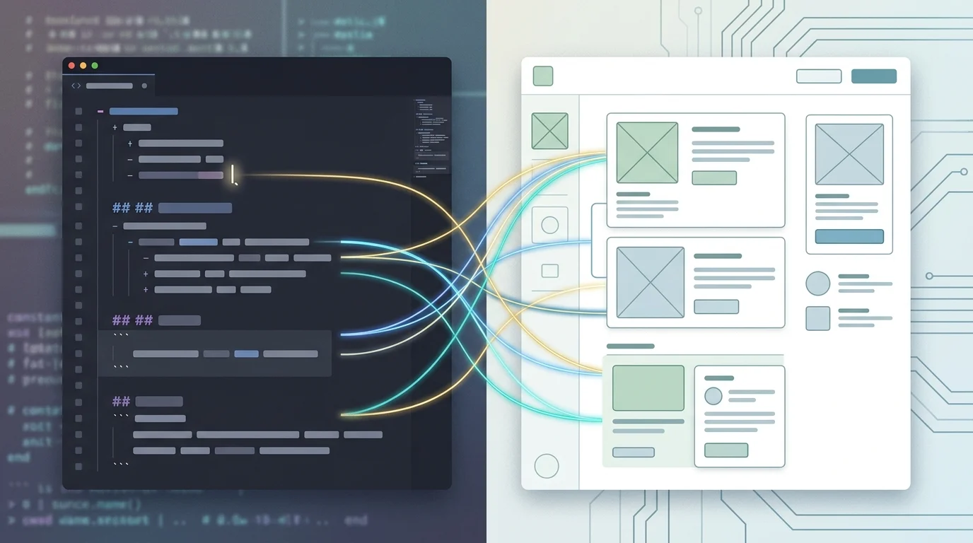 A conceptual view of Markdown code transforming into a user interface design.