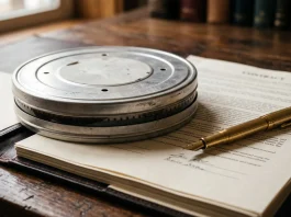 A film canister and a legal contract representing film industry residuals.