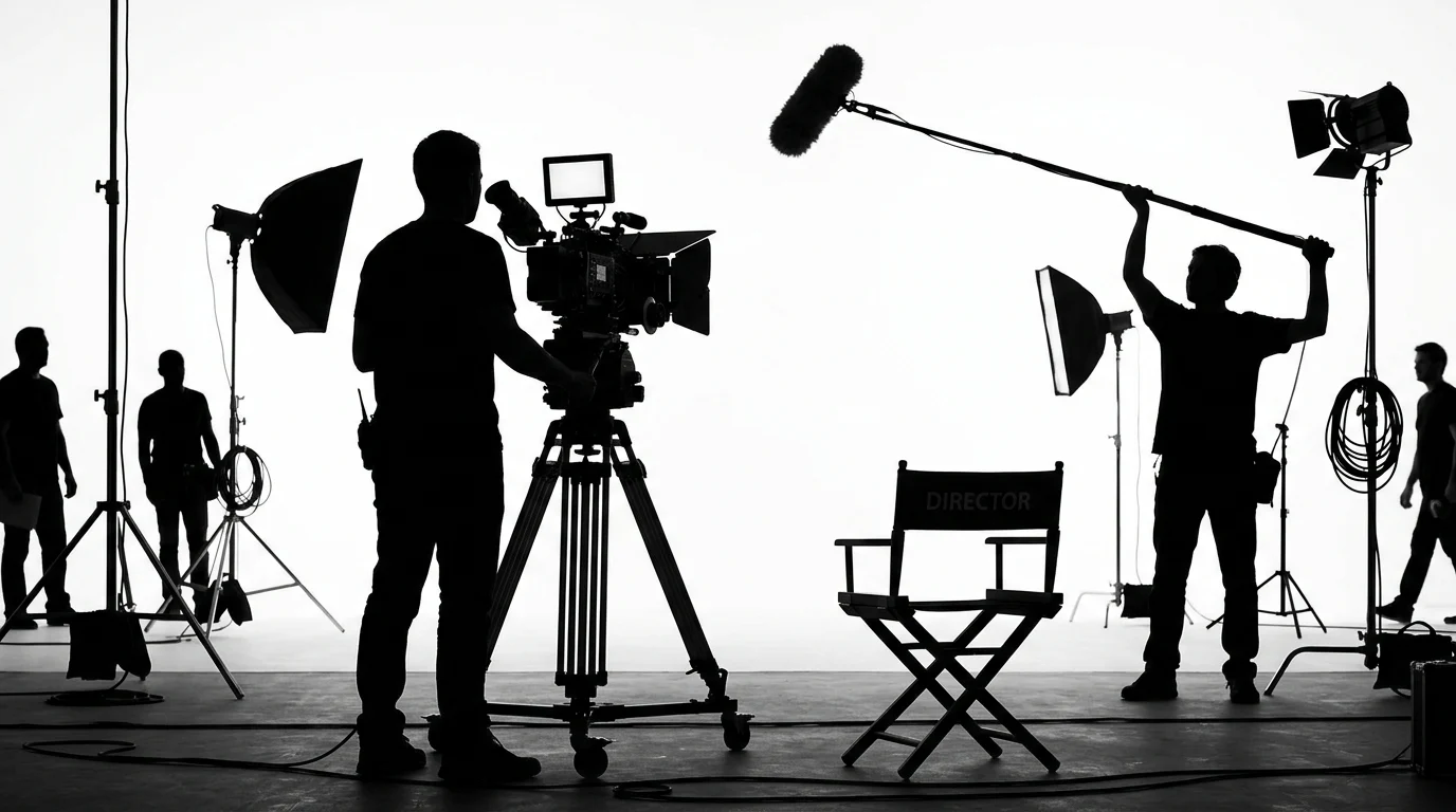 Silhouette of a film set and camera.
