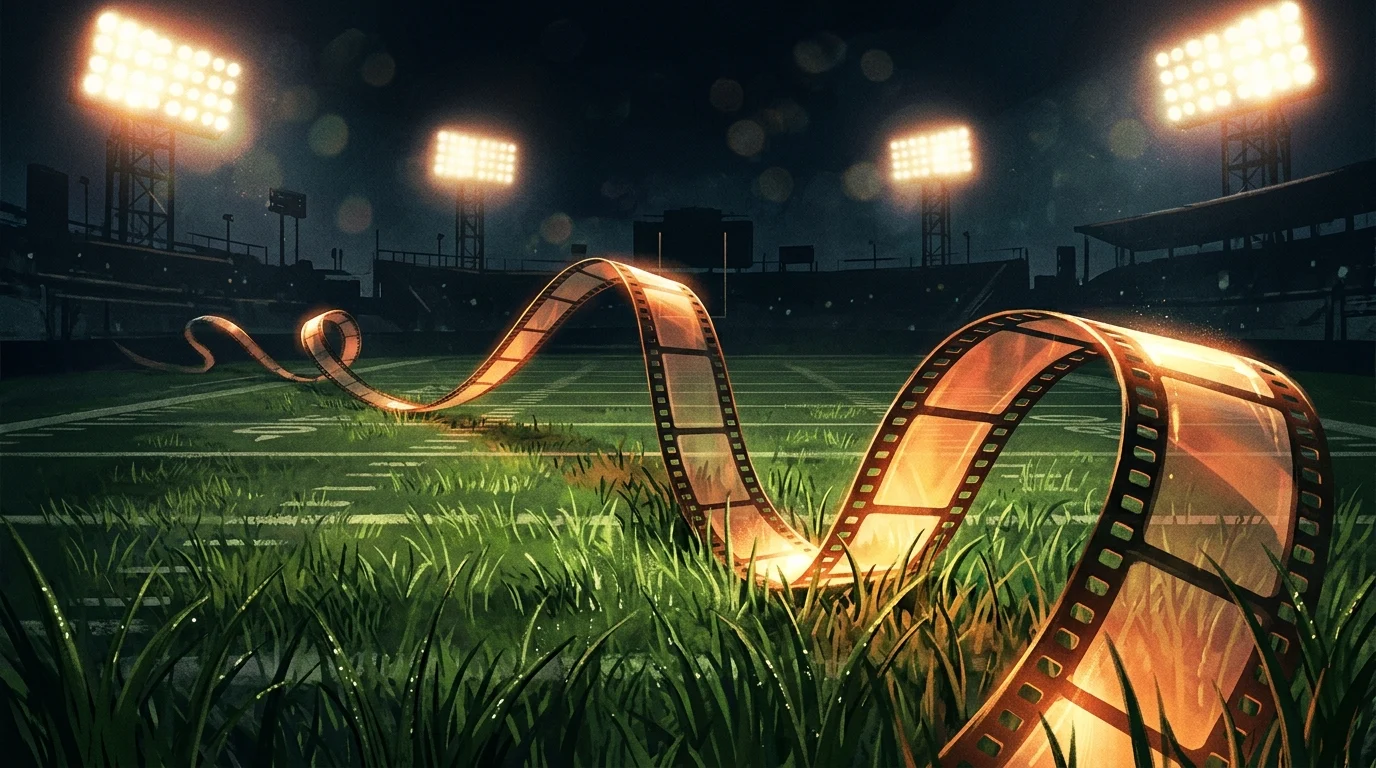 Abstract film reel weaving through football field grass.