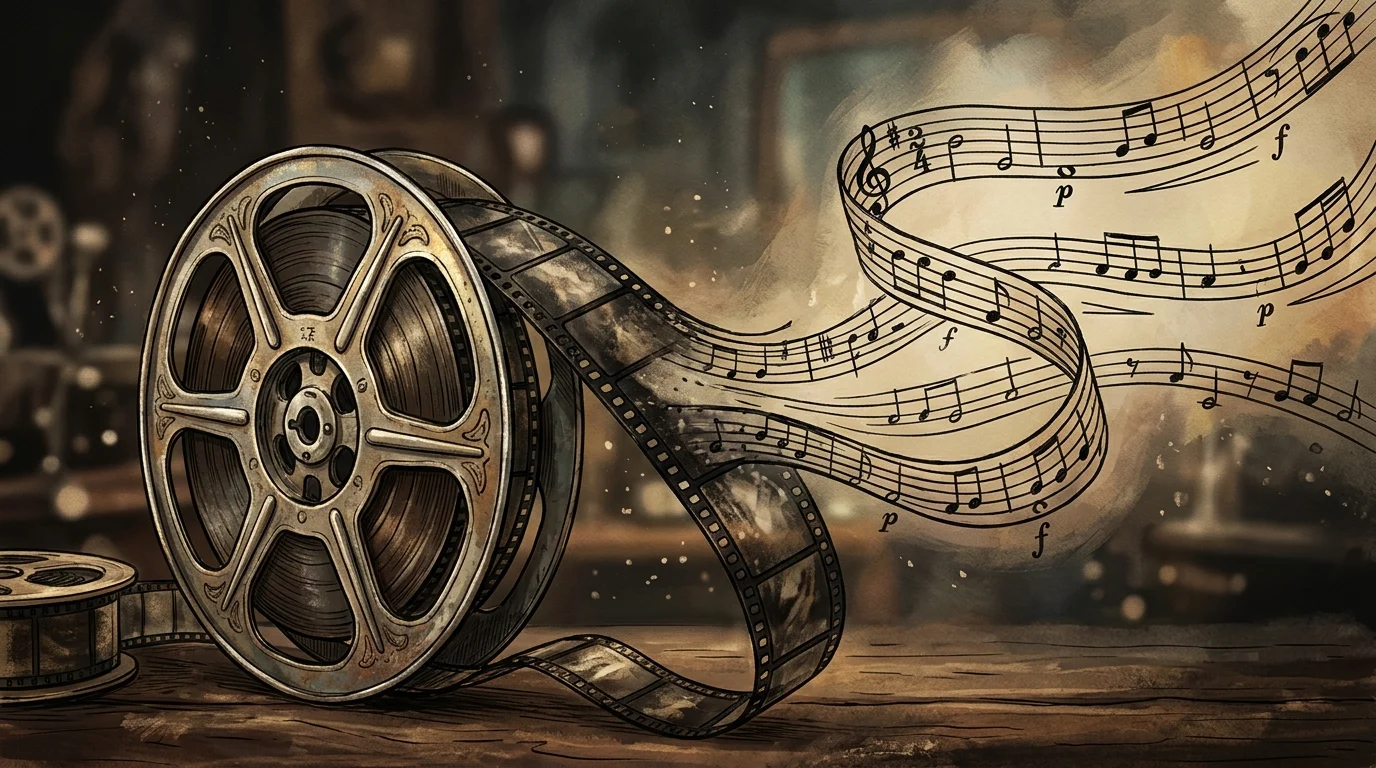 Abstract film reel transitioning into musical notation.