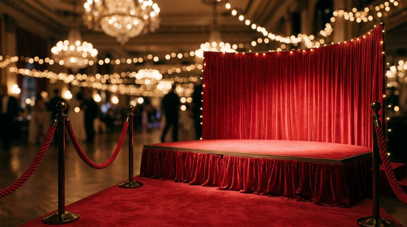 Conceptual red carpet with velvet ropes and stage lighting.