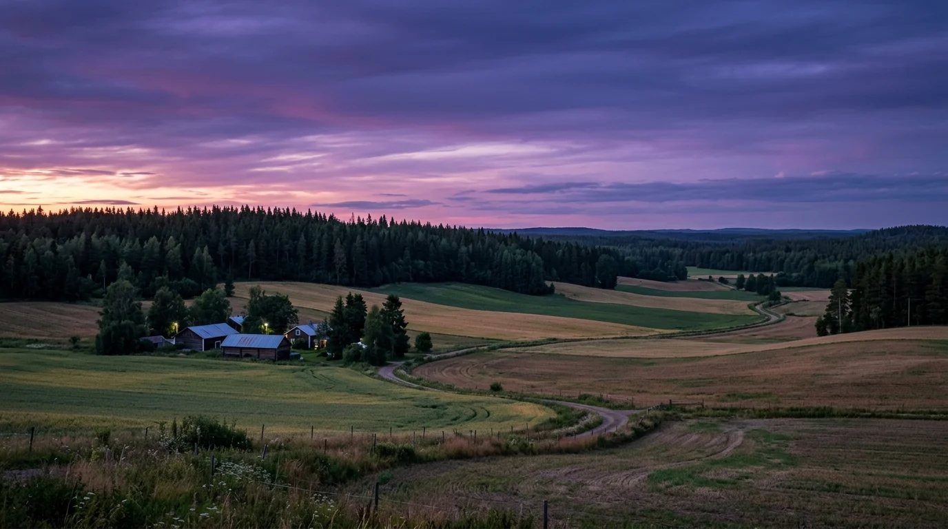 Scenic Finnish rural landscape at twilight.