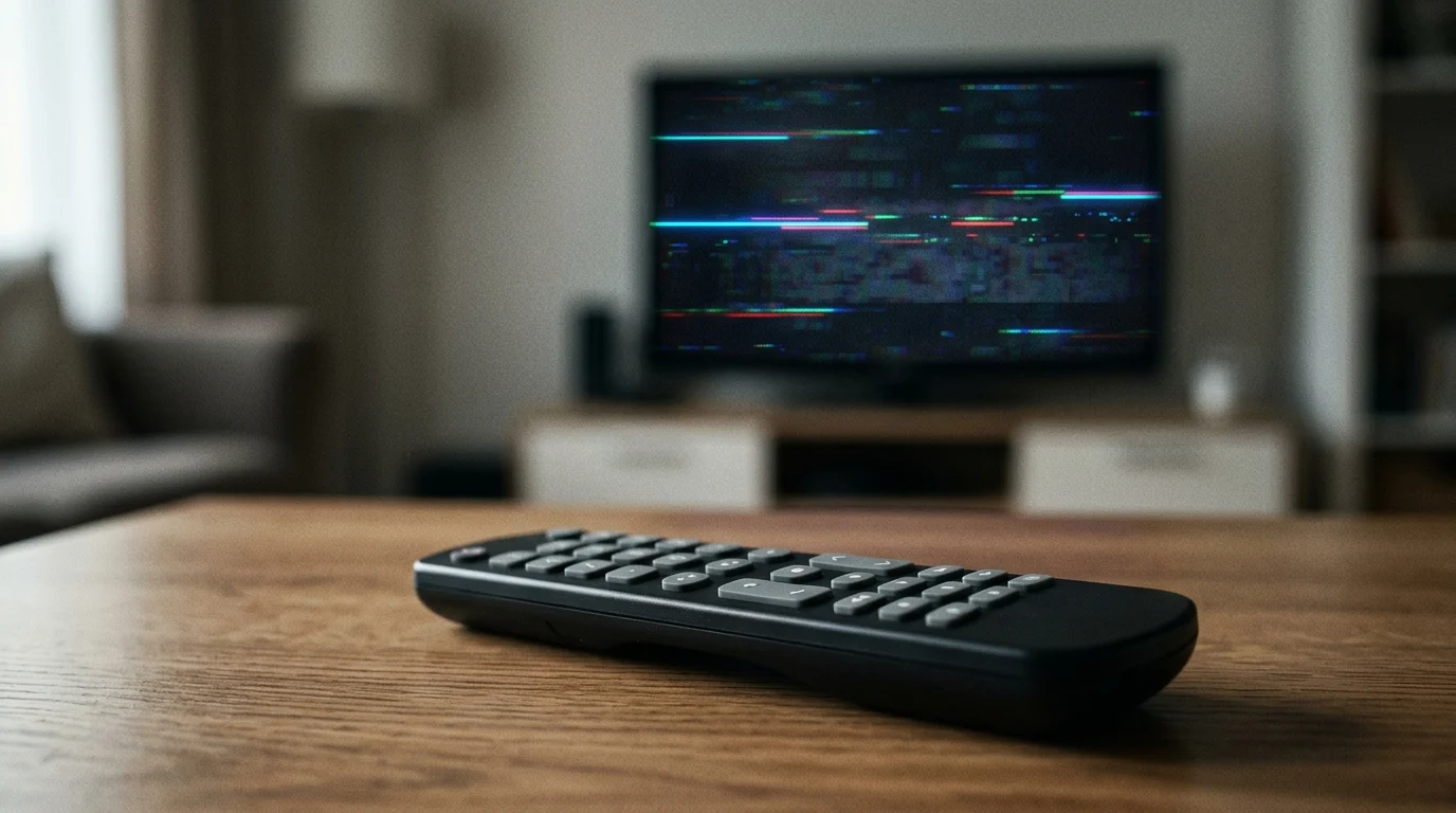 A close-up of a remote control with a digital glitch effect in the background.
