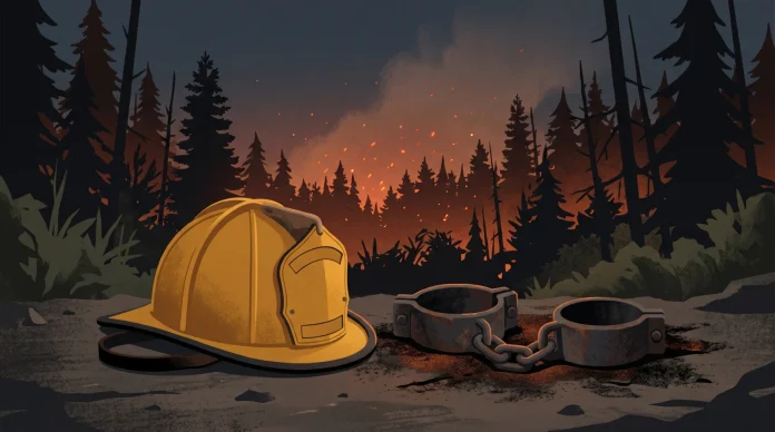 A conceptual image of a fire helmet and chains representing redemption and firefighting.