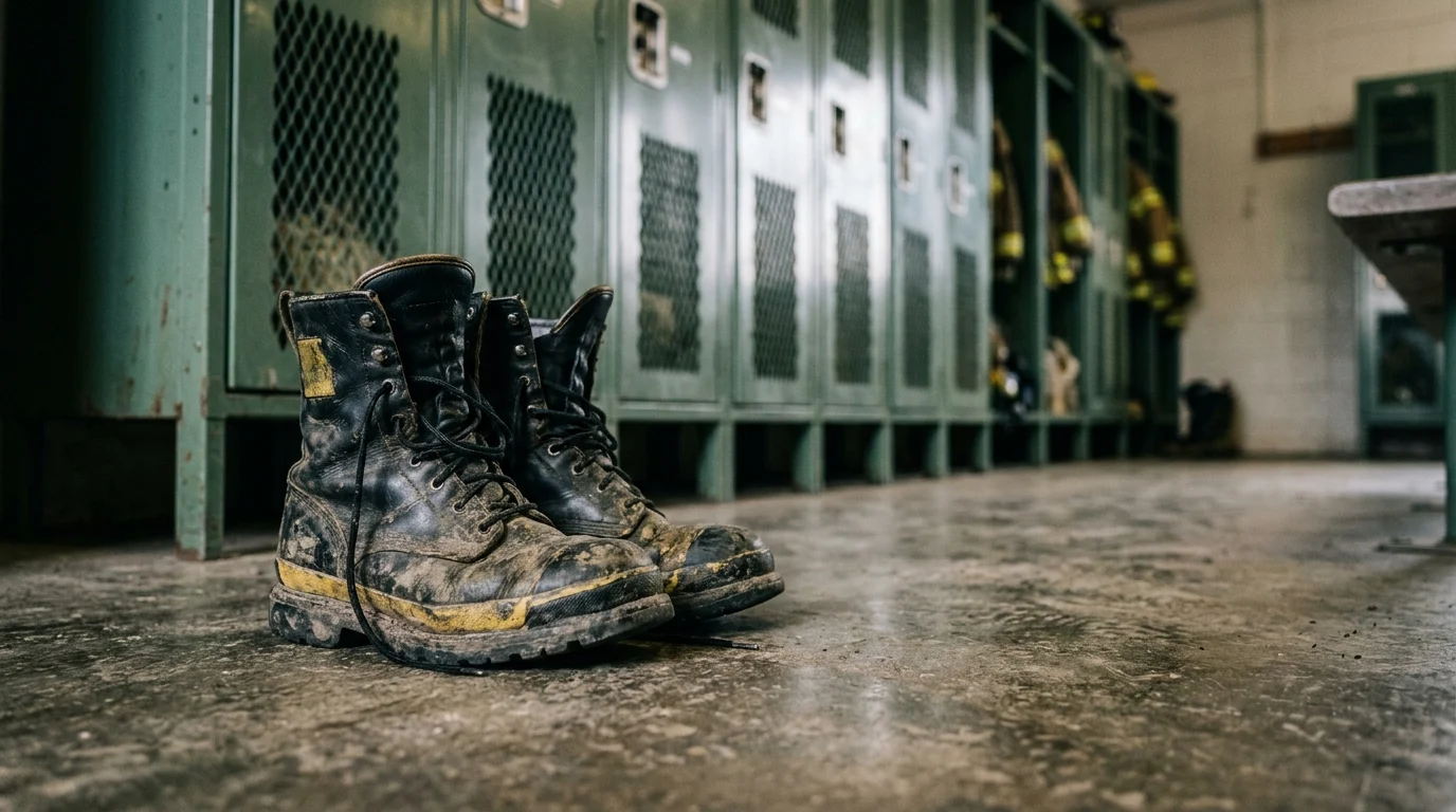 Firefighter boots sitting empty in a station locker room.